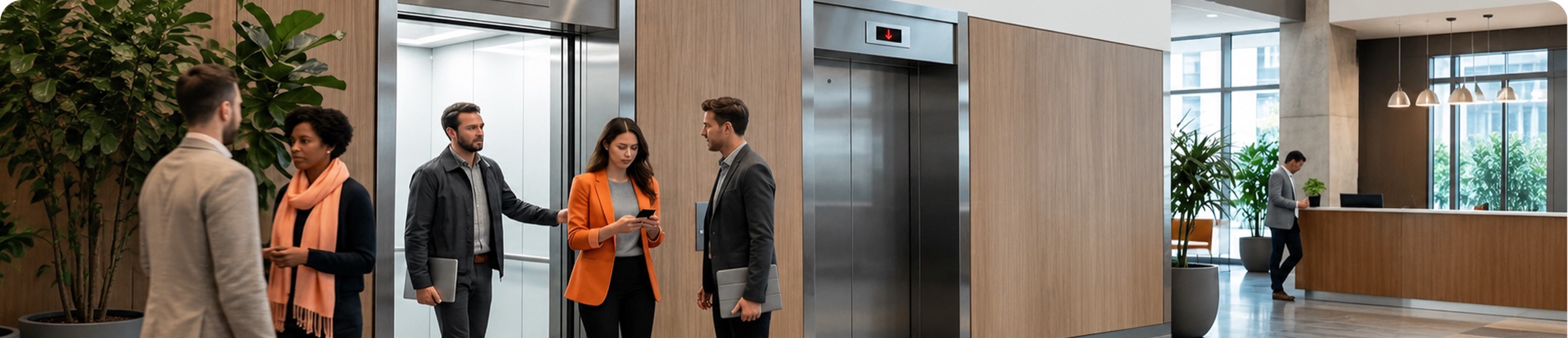 Business professionals in an office lobby beside an elevator