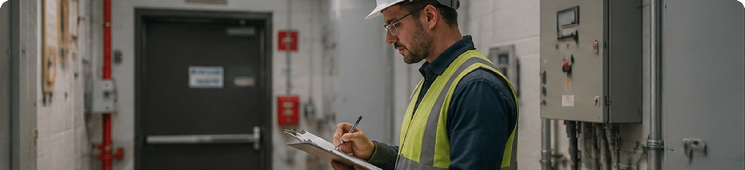 Technician in a hi-vis vest inspecting a fire alarm panel in a utility room