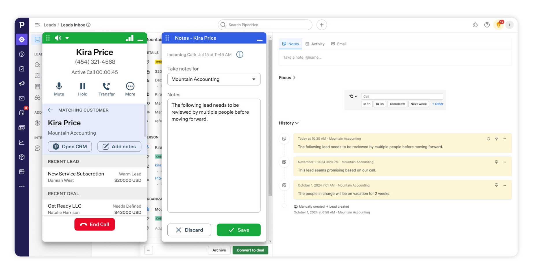 pipedrive x ooma integration dashboard screenshot