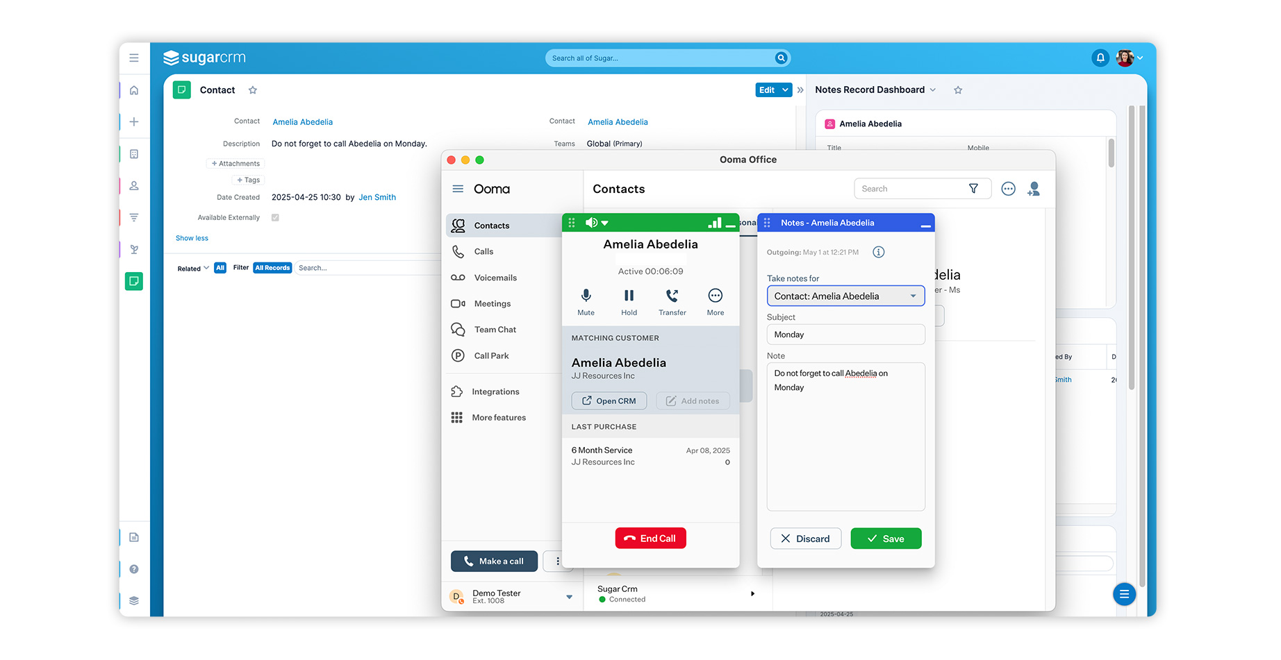SugarCRM x ooma integration dashboard screenshot