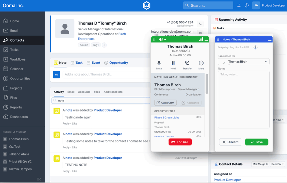 Wealthbox x ooma integration dashboard screenshot