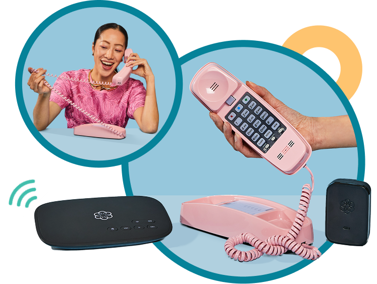 Woman using a pink Ooma retro phone with Ooma Telo home phone system.