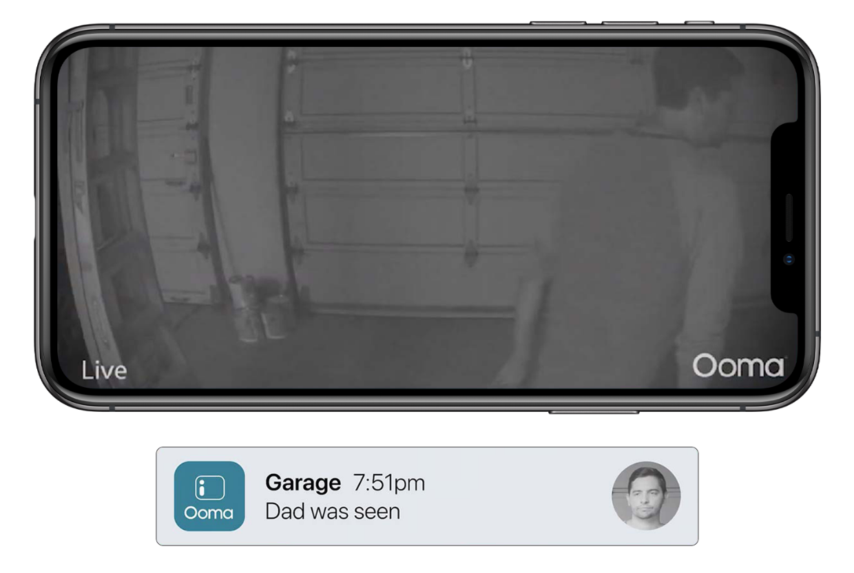 Ooma Smart Camera performing night vision detection - Dad was seen in garage notification