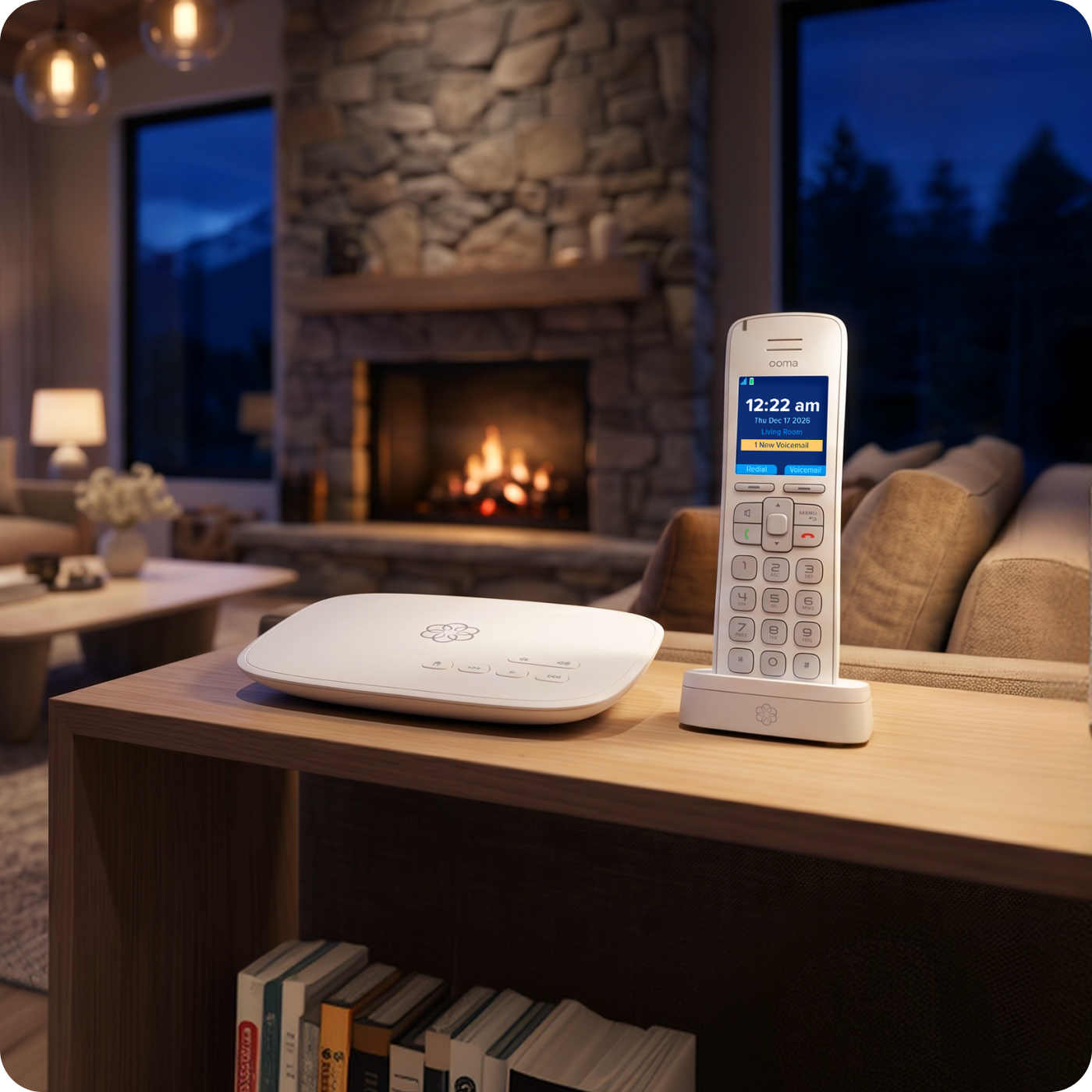 Ooma StarDial base station and HD3 handset on a living room console