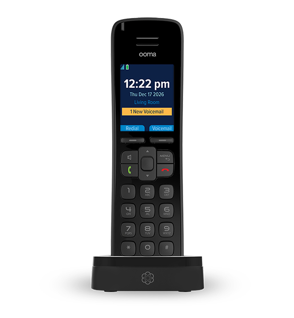 Home phone handset set against blue and green backdrop.