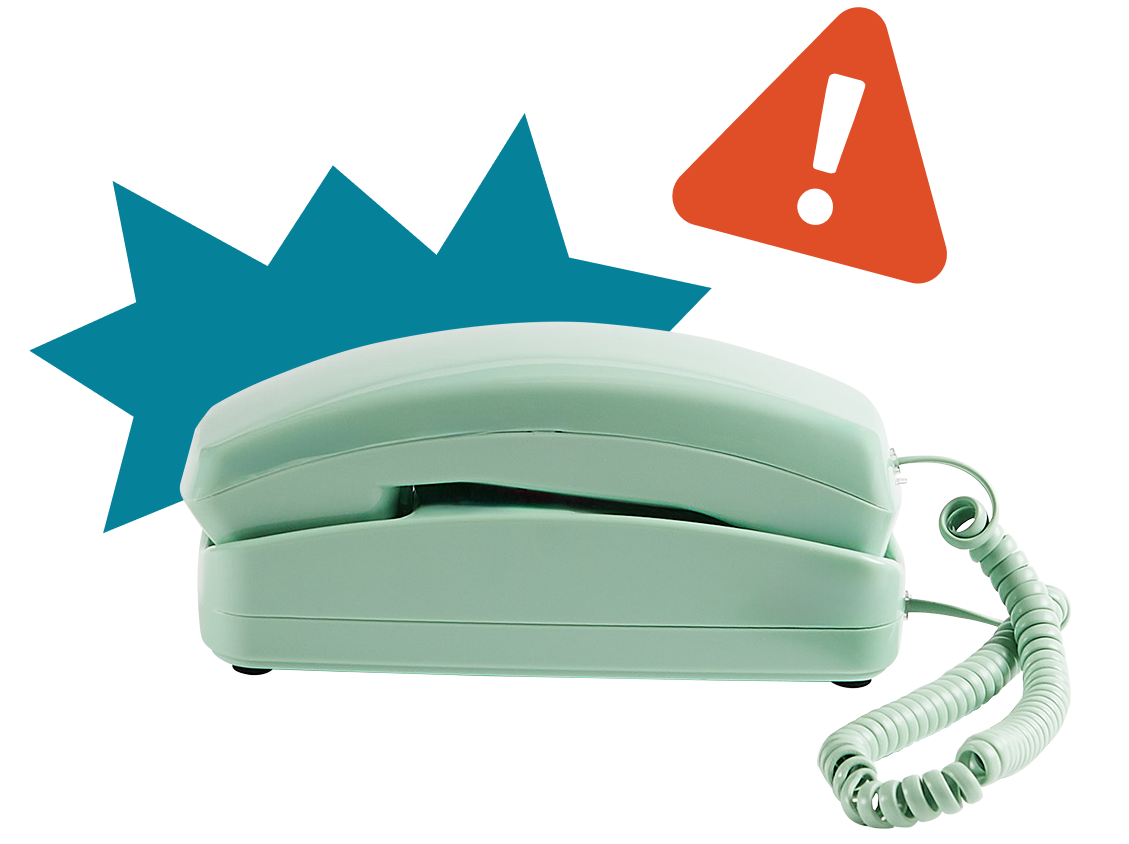Green phone and warning sign