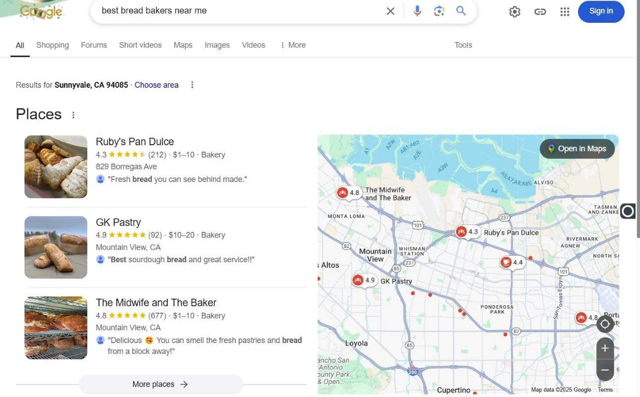 Google map showing three of the best bread bakers in Sunnyvale, California