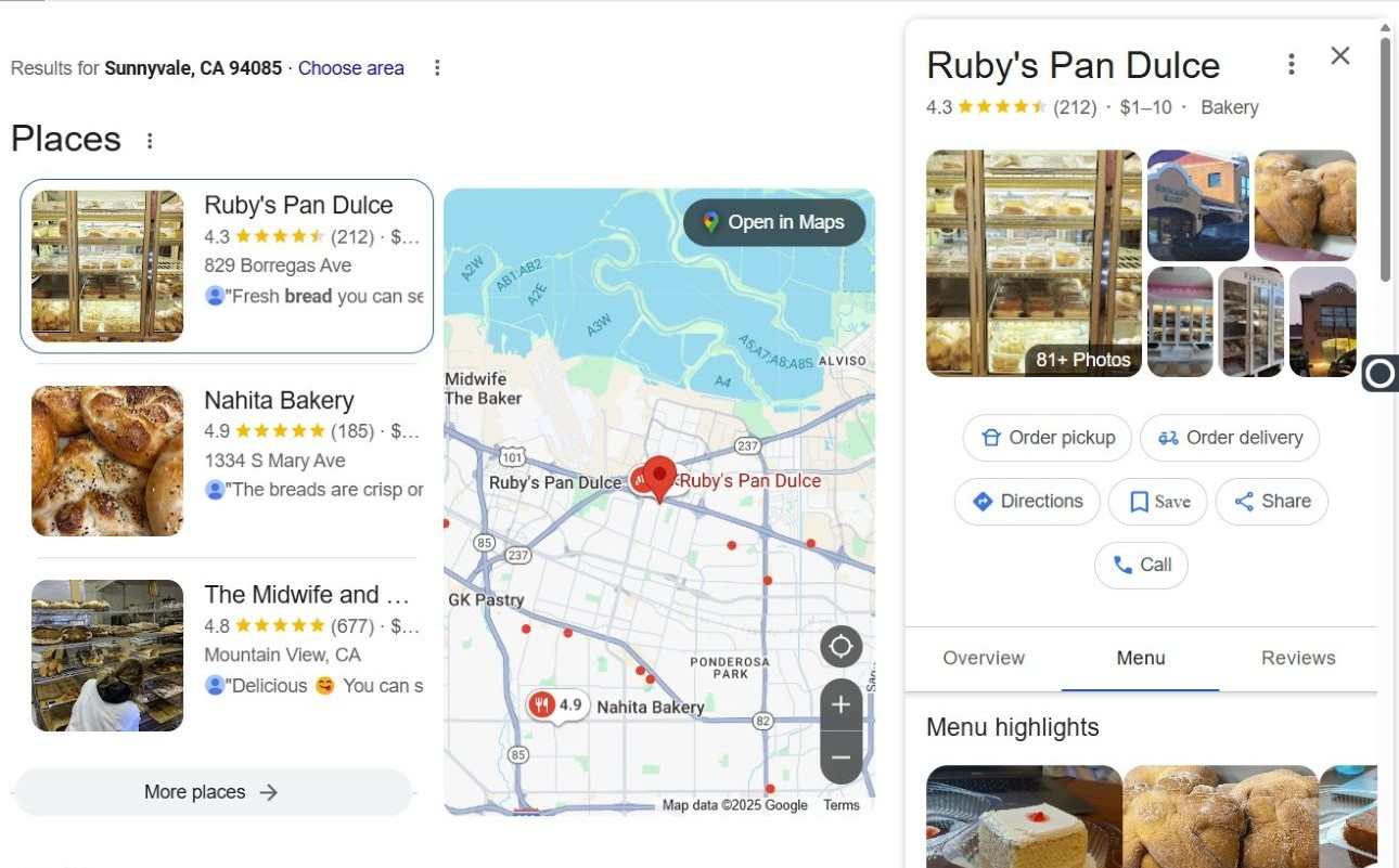 Ruby's Pan Dulce is at the top of the Google Map listing and to its right shows details about this bakery, like photos, a menu tab and reviews