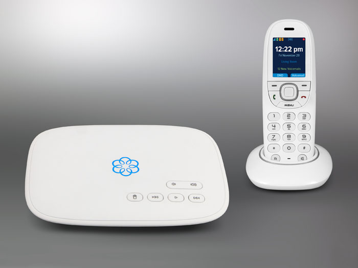 Ooma Telo base station and cordless handset phone