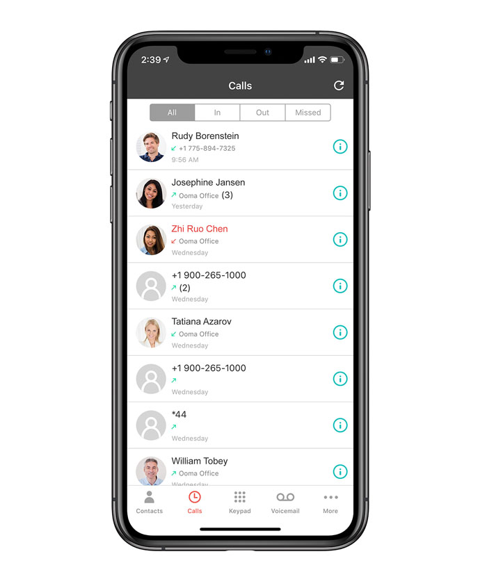 Cell phone with Ooma Office mobile app displaying business calls