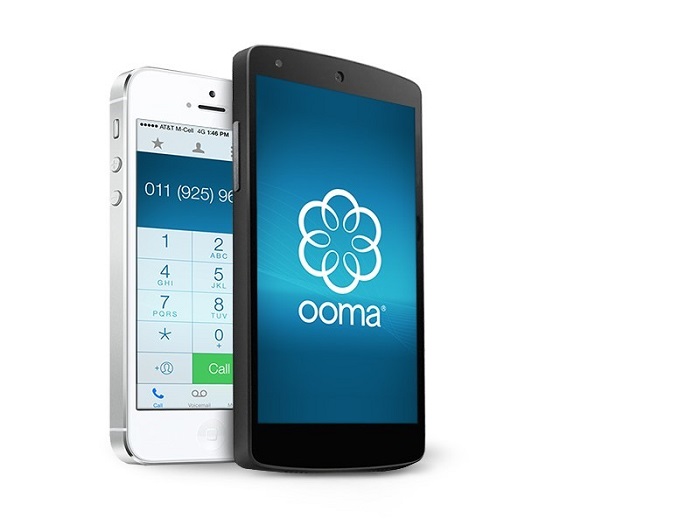 two smartphones, one displays a phone calling keyboard and the other shows the Ooma mobile app