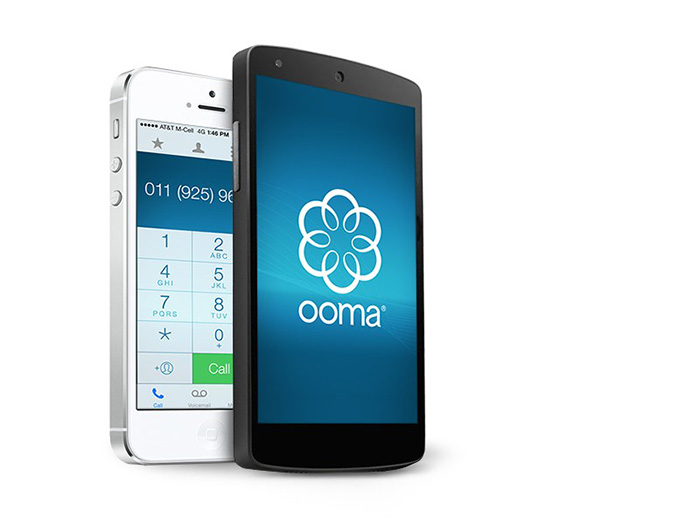 Two smartphones, one displaying a calling keypad and another with the Ooma mobile app